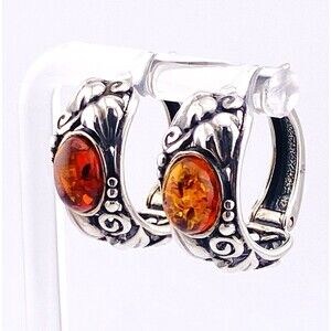 Carved Leaves Sterling Silver Oval Amber Cabochon Hoops Earrings Vintage 1980s